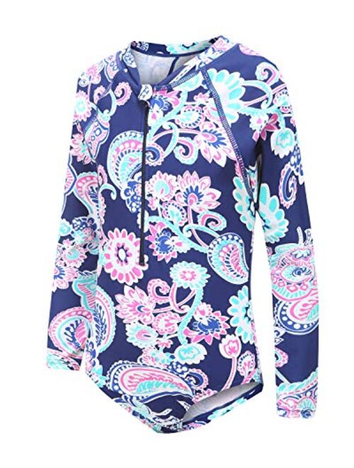 Girls Long Sleeve Rash Guard One Piece Swimsuit Kids UPF 50+ Sun Protection Swimwear Rainbow Striped Bathing Suit 3-14 Years