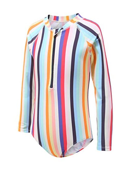 Girls Long Sleeve Rash Guard One Piece Swimsuit Kids UPF 50+ Sun Protection Swimwear Rainbow Striped Bathing Suit 3-14 Years