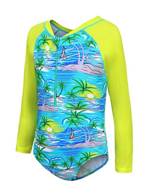 Girls Long Sleeve Rash Guard One Piece Swimsuit Kids UPF 50+ Sun Protection Swimwear Rainbow Striped Bathing Suit 3-14 Years