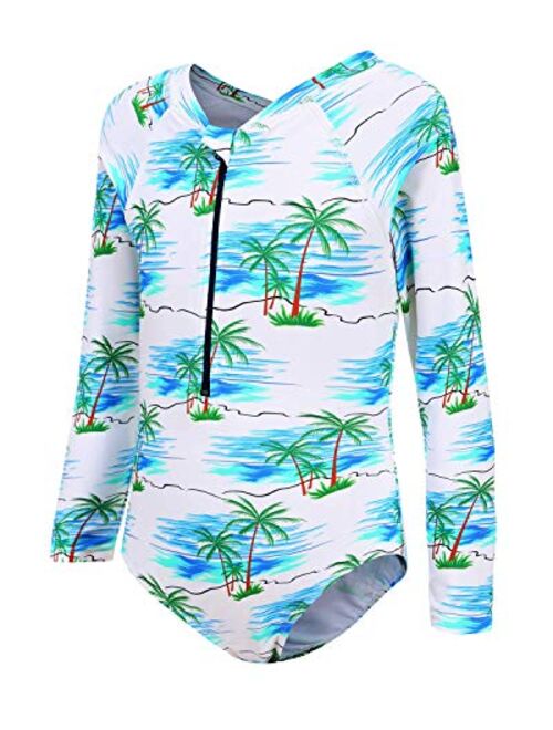 Girls Long Sleeve Rash Guard One Piece Swimsuit Kids UPF 50+ Sun Protection Swimwear Rainbow Striped Bathing Suit 3-14 Years