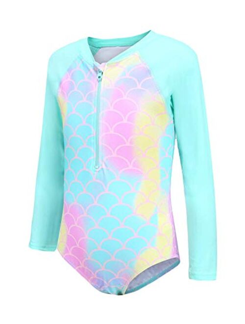 Girls Long Sleeve Rash Guard One Piece Swimsuit Kids UPF 50+ Sun Protection Swimwear Rainbow Striped Bathing Suit 3-14 Years