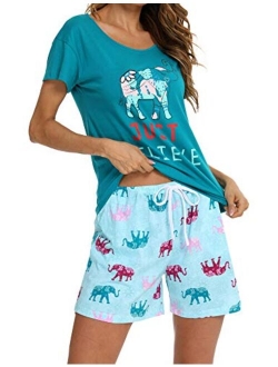 ENJOYNIGHT Women's Cute Sleepwear Print Tee and Shorts Pajama Set with Pockets