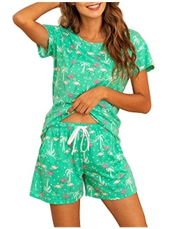 ENJOYNIGHT Women's Cute Sleepwear Print Tee and Shorts Pajama Set with Pockets