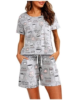 ENJOYNIGHT Women's Cute Sleepwear Print Tee and Shorts Pajama Set with Pockets