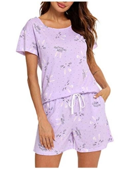 ENJOYNIGHT Women's Cute Sleepwear Print Tee and Shorts Pajama Set with Pockets