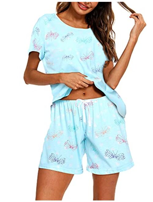 ENJOYNIGHT Women's Cute Sleepwear Print Tee and Shorts Pajama Set with Pockets