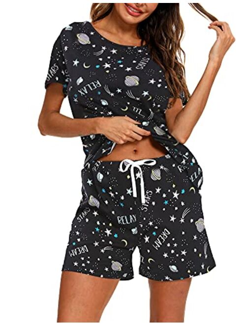 ENJOYNIGHT Women's Cute Sleepwear Print Tee and Shorts Pajama Set with Pockets