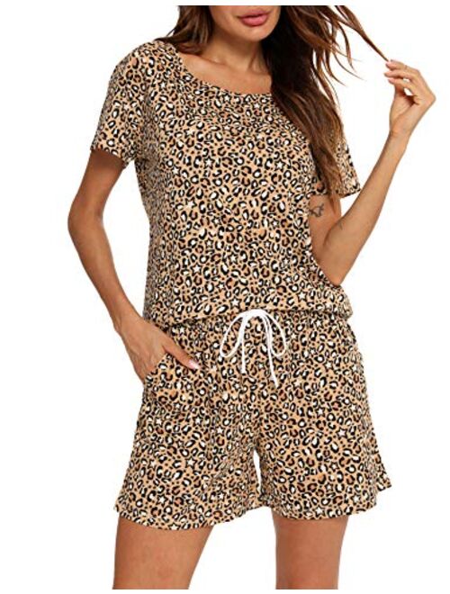 ENJOYNIGHT Women's Cute Sleepwear Print Tee and Shorts Pajama Set with Pockets