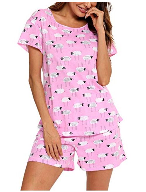 ENJOYNIGHT Women's Cute Sleepwear Print Tee and Shorts Pajama Set with Pockets