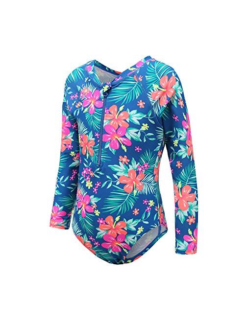 Moon Tree Girls One Piece Swimsuits Long Sleeve Rash Guard Zipper Front Bathing Suit UPF 50+