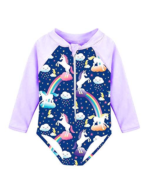 uideazone Girls Long Sleeve One Piece Swimsuit Zipper UPF 50+ Rashguard Swimwear 1-6Y