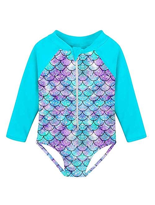 uideazone Girls Long Sleeve One Piece Swimsuit Zipper UPF 50+ Rashguard Swimwear 1-6Y