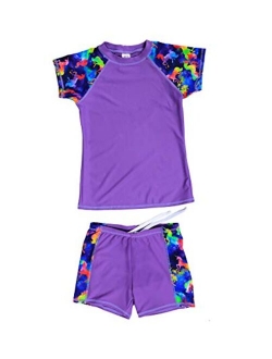 iDrawl Kids Two Piece Swimsuits Set Short Sleeves Swimwear for Baby Girls Boys Bathing Suit Rash Guard Sets UPF 50+