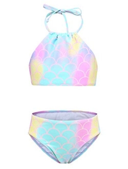 Girls Two Piece Swimsuits Bikini Set Rainbow Strips Swimwear Summer Beach Bathing Suit