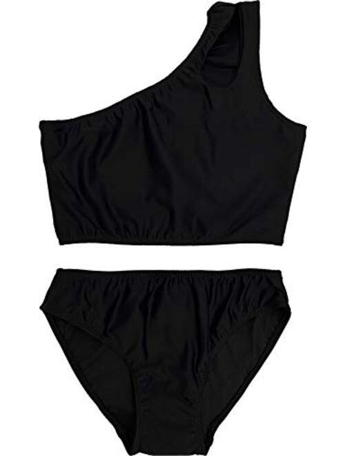 Cheryl Creations Kids Girl's Black Cute & Comfortable Two Piece One Shoulder Bathing Suit Bikini | Swimsuit