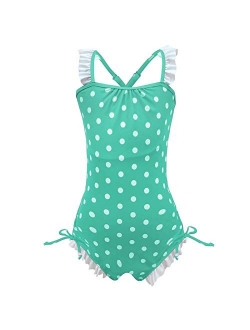 Girls Kids Bathing Suits Polka Dot Simplified/Long Sleeve Daisy Beach Sport 1-Piece Swimsuit(FBA)