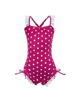 Girls Kids Bathing Suits Polka Dot Simplified/Long Sleeve Daisy Beach Sport 1-Piece Swimsuit(FBA)