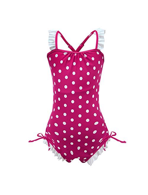 Girls Kids Bathing Suits Polka Dot Simplified/Long Sleeve Daisy Beach Sport 1-Piece Swimsuit(FBA)