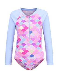 Girls Rash Guard Long Sleeve One Piece Swimsuits Stripes Zipper Bathing Suits UPF 50+/Sun Protection