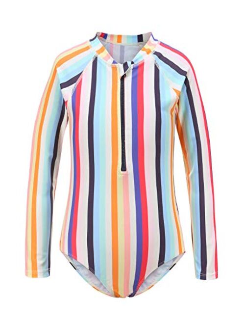 Girls Rash Guard Long Sleeve One Piece Swimsuits Stripes Zipper Bathing Suits UPF 50+/Sun Protection