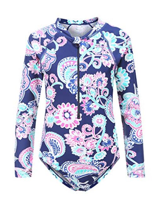 Girls Rash Guard Long Sleeve One Piece Swimsuits Stripes Zipper Bathing Suits UPF 50+/Sun Protection