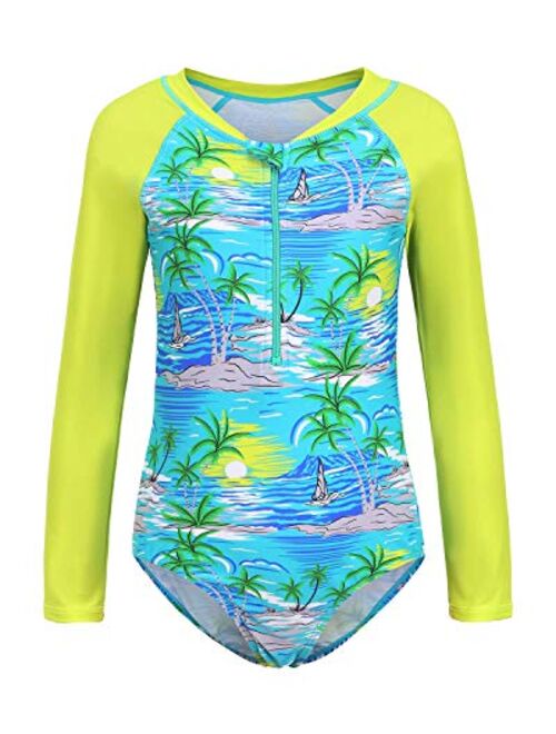 Girls Rash Guard Long Sleeve One Piece Swimsuits Stripes Zipper Bathing Suits UPF 50+/Sun Protection