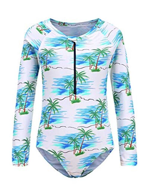 Girls Rash Guard Long Sleeve One Piece Swimsuits Stripes Zipper Bathing Suits UPF 50+/Sun Protection