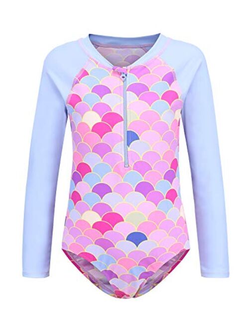 Girls Rash Guard Long Sleeve One Piece Swimsuits Stripes Zipper Bathing Suits UPF 50+/Sun Protection