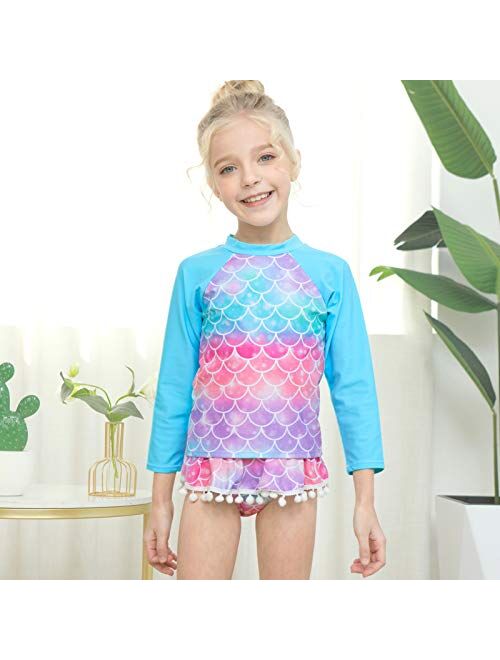 MHJY Girls Rash Guard Swimsuit 2-Piece Long Sleeve Bikini Set Swimwear Bathing Suit