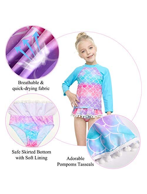 MHJY Girls Rash Guard Swimsuit 2-Piece Long Sleeve Bikini Set Swimwear Bathing Suit