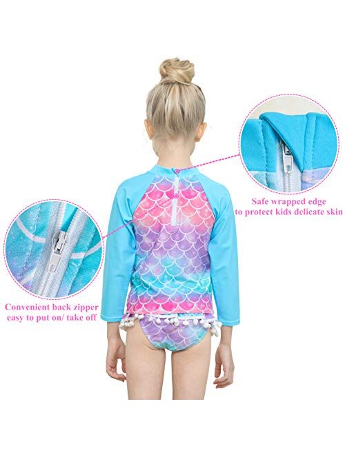 MHJY Girls Rash Guard Swimsuit 2-Piece Long Sleeve Bikini Set Swimwear Bathing Suit