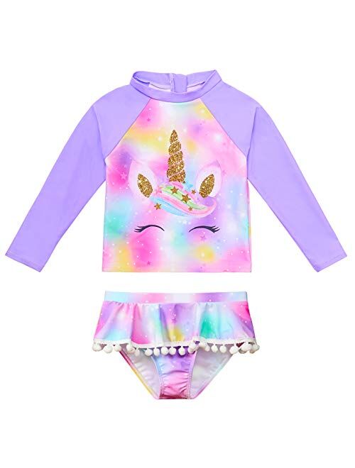 MHJY Girls Rash Guard Swimsuit 2-Piece Long Sleeve Bikini Set Swimwear Bathing Suit