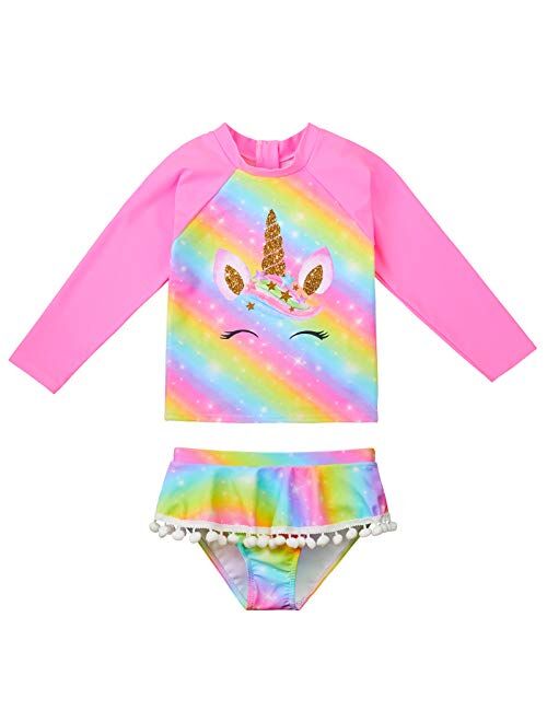 MHJY Girls Rash Guard Swimsuit 2-Piece Long Sleeve Bikini Set Swimwear Bathing Suit