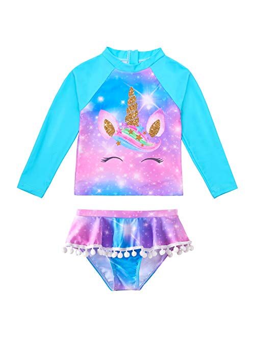 MHJY Girls Rash Guard Swimsuit 2-Piece Long Sleeve Bikini Set Swimwear Bathing Suit