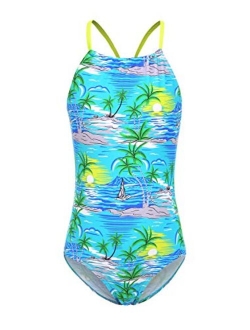 Mardonskey Girls One Piece Swimsuits Hawaiian Ruffle Swimwear Beach Bathing Suit for Summer Vacation