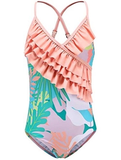 Mardonskey Girls One Piece Swimsuits Hawaiian Ruffle Swimwear Beach Bathing Suit for Summer Vacation