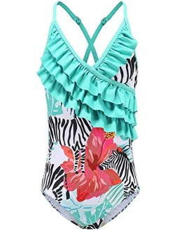 Mardonskey Girls One Piece Swimsuits Hawaiian Ruffle Swimwear Beach Bathing Suit for Summer Vacation