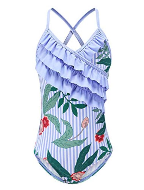 Mardonskey Girls One Piece Swimsuits Hawaiian Ruffle Swimwear Beach Bathing Suit for Summer Vacation