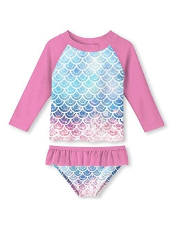 Enlifety Little Girls Rash Guard Swimsuit Set Ruffled Long Sleeve Bathing Suits Beachwear with UPF 50+ Sun Protection 2-8T