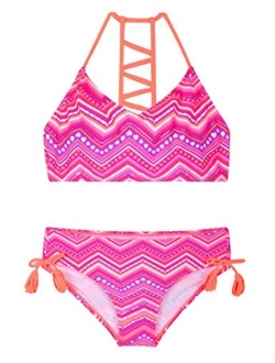 Girl's Strappy Bikini Set Two Piece Swimsuits Side Tie Hipster Swimwear Tassels Tankini Set