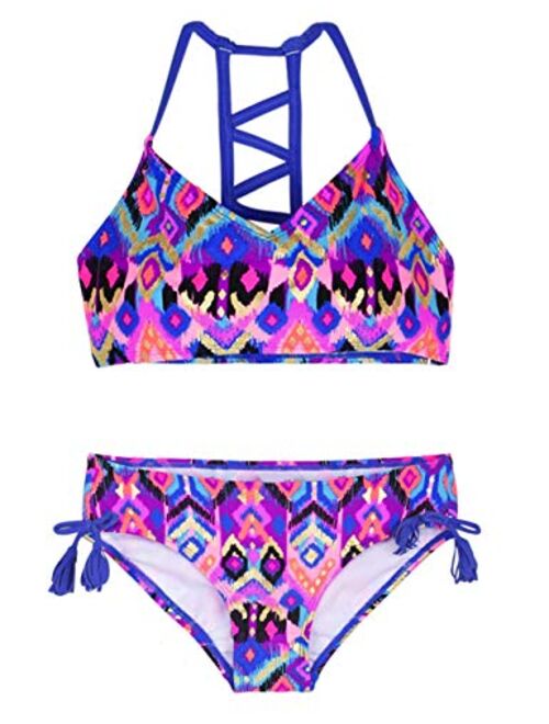 Hilor Girl's Strappy Bikini Set Two Piece Swimsuits Side Tie Hipster Swimwear Tassels Tankini Set