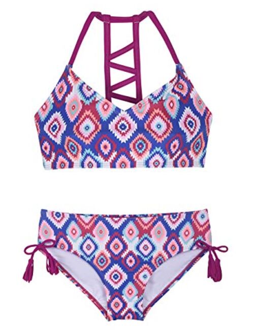 Hilor Girl's Strappy Bikini Set Two Piece Swimsuits Side Tie Hipster Swimwear Tassels Tankini Set