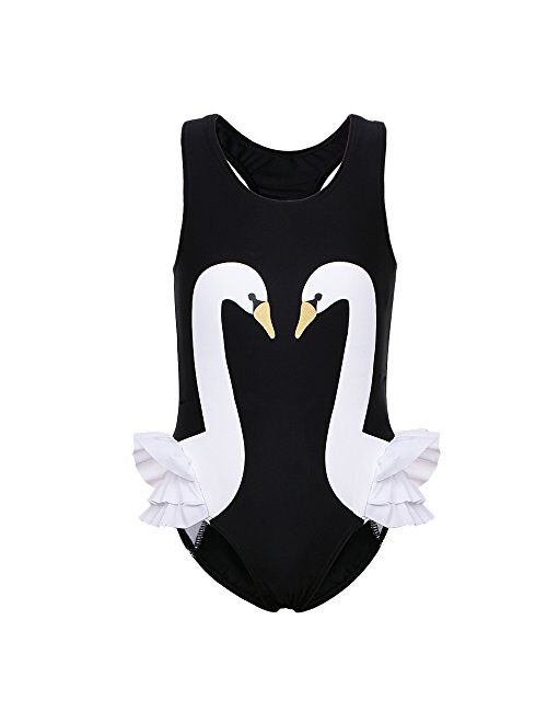 BAOHULU Girls One Piece Bathing Swimsuit Lovely Stripe Swan Swimwear 3-12 Years