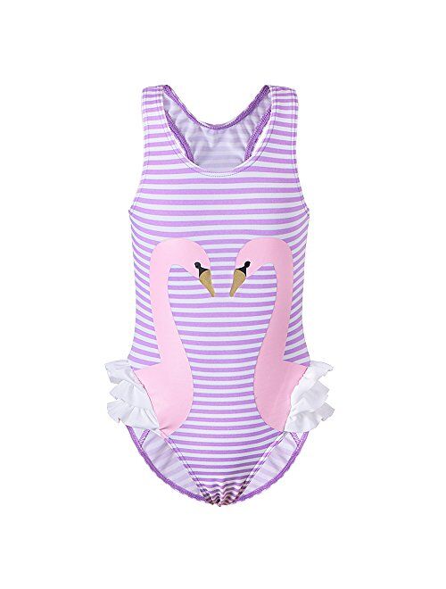 BAOHULU Girls One Piece Bathing Swimsuit Lovely Stripe Swan Swimwear 3-12 Years