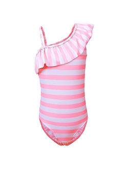 Girl's Athletic One Piece Swimsuit Stripe/Floral Bathing Suit Ruffle Swimwear