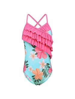 Girl's Athletic One Piece Swimsuit Stripe/Floral Bathing Suit Ruffle Swimwear