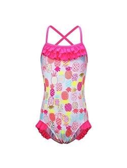 Girl's Athletic One Piece Swimsuit Stripe/Floral Bathing Suit Ruffle Swimwear