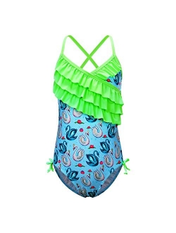 Girl's Athletic One Piece Swimsuit Stripe/Floral Bathing Suit Ruffle Swimwear