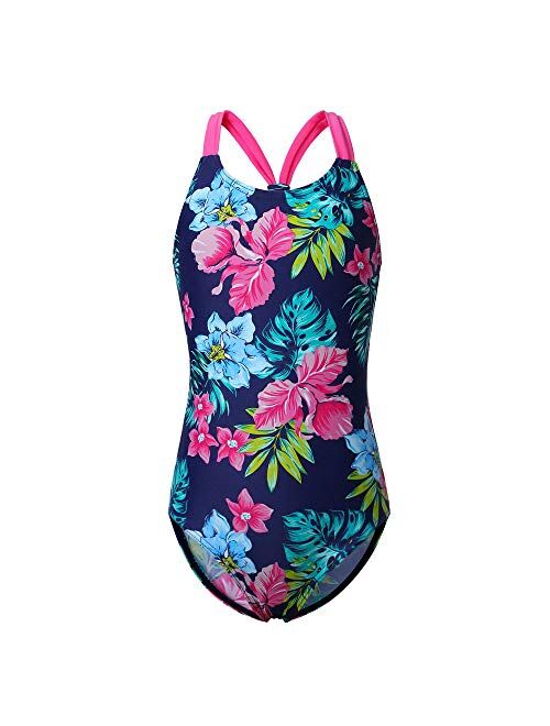 Girl's Athletic One Piece Swimsuit Stripe/Floral Bathing Suit Ruffle Swimwear