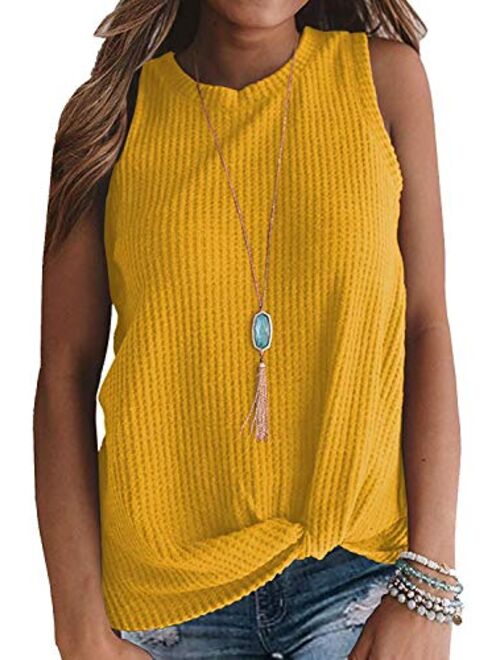 OWIN Women's Tank Tops Sleeveless Shirts Waffle Knit Tank Loose Shirts with Twist Knot Casual Tanks